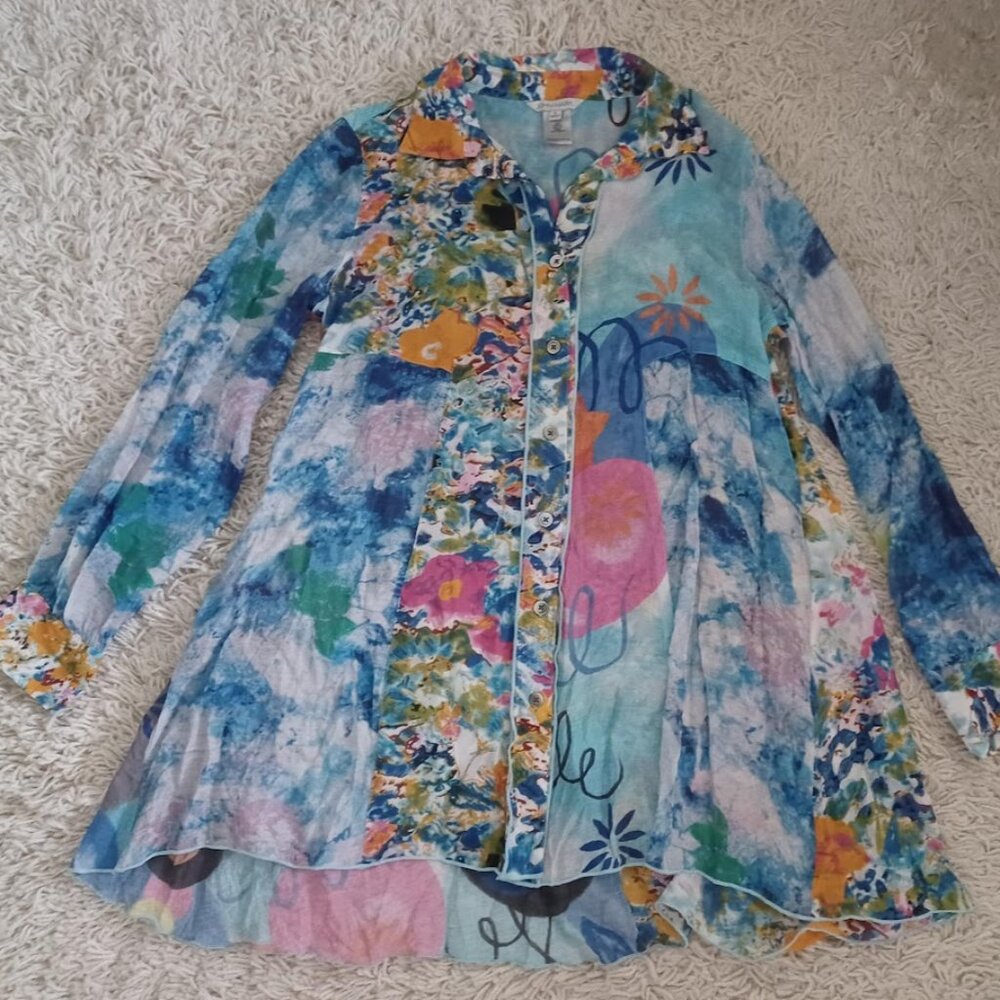 ohn Mark Women Small Sheer Tunic Blouse Abstract Floral Button Front Boho - Picture 1 of 7